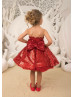 Red Sequin Tulle Knee Length Flower Girl Dress With Removable Train